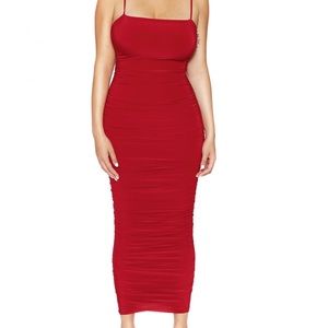 Nw red ruched midi dress